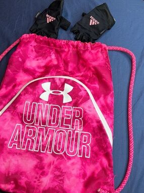 Under Armour Hot Pink Tie-Dye Drawstring Backpack with gloves